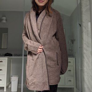 Vince Brown Marl Leather Trim Shawl Collar Long Wool Cardigan